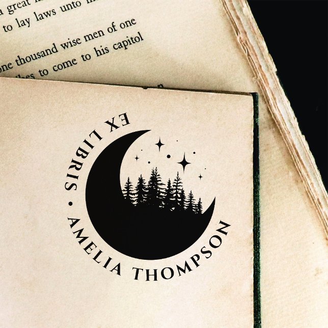 Modern Crescent Moon Trees & Stars Round Ex Libris Self-inking Stamp (Creator Uploaded)