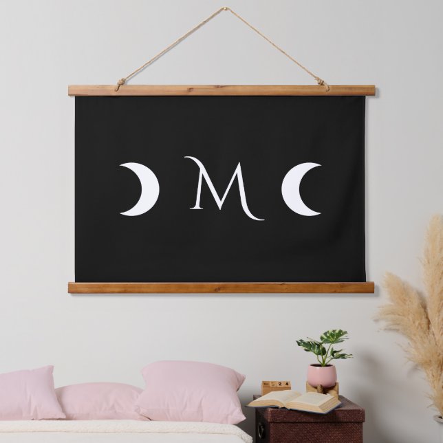 Modern Crescent Moons Black and White Monogram Hanging Tapestry (Bedroom)