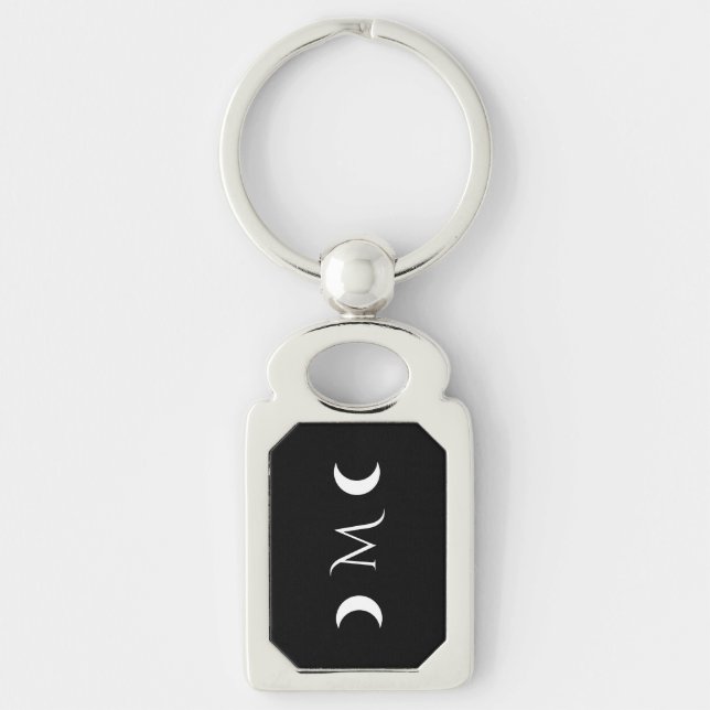 Modern Crescent Moons Black and White Monogram Key Ring (Front)