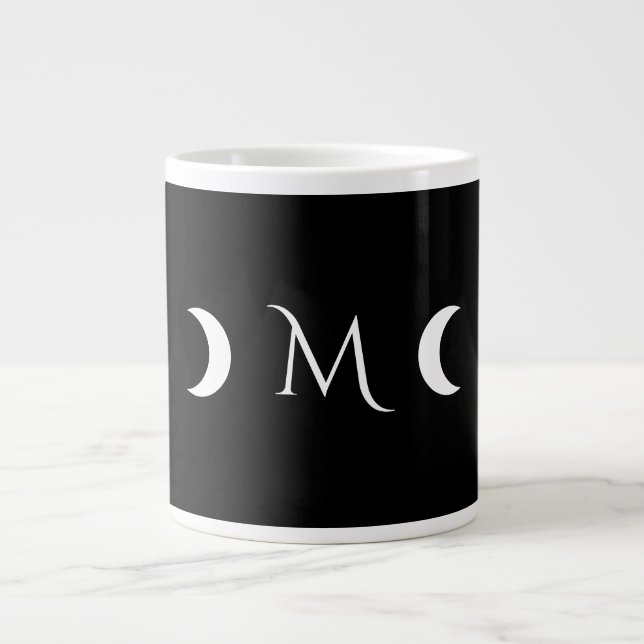 Modern Crescent Moons Black and White Monogram Large Coffee Mug (Front)