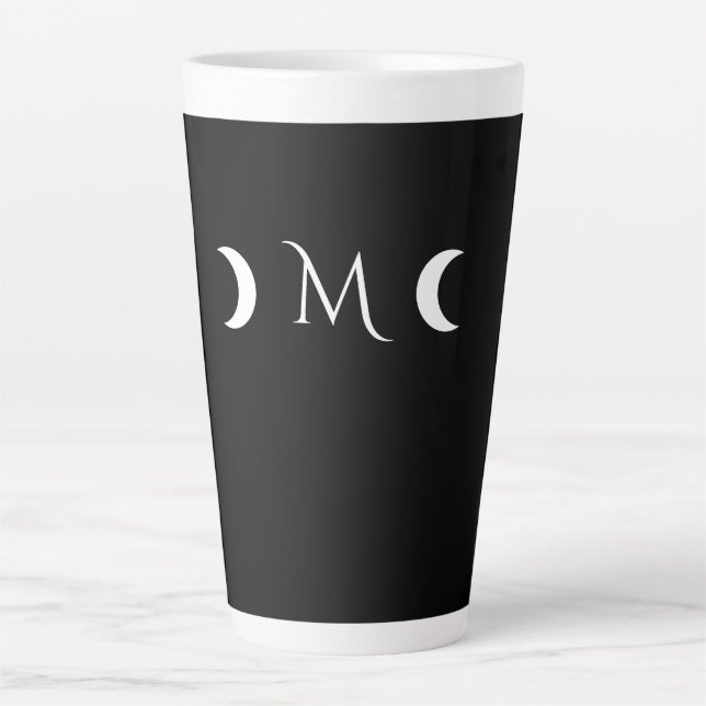 Modern Crescent Moons Black and White Monogram Latte Mug (Front)