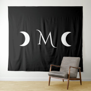 Modern Crescent Moons Black and White Monogram Tapestry
