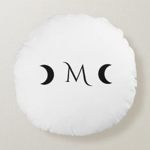 Modern Crescent Moons White and Black Monogram Round Cushion