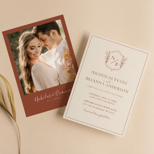 Modern Crest Terracotta Burnt Orange Wedding Photo Invitation