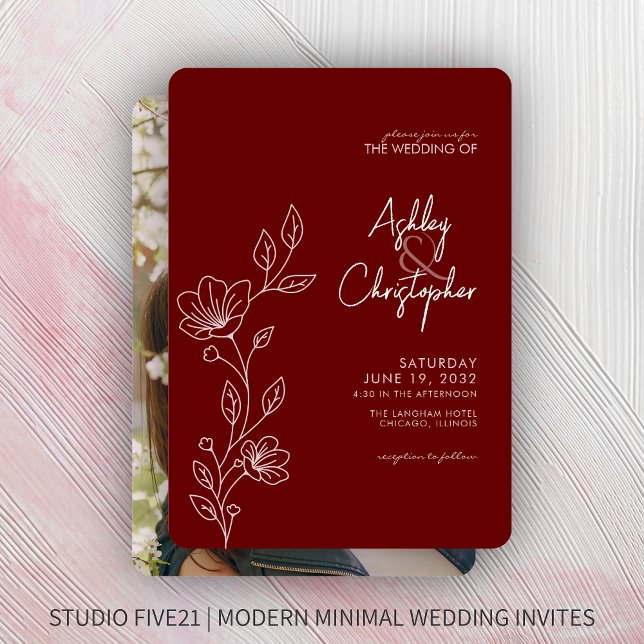 Modern Crimson Red Foliage Outline Photo Wedding Invitation (Creator Uploaded)
