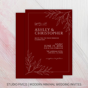 Modern Crimson Red Foliage Outline Wedding Invitation