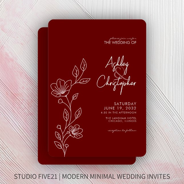 Modern Crimson Red Foliage Outline Wedding Invitation (Creator Uploaded)