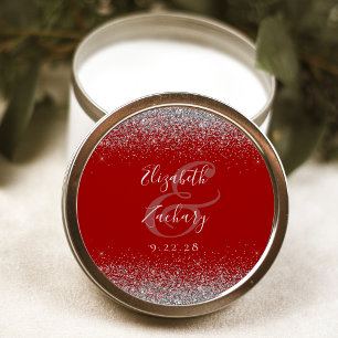 Modern Crimson Red Silver Glitter Edge Wedding Classic Round Sticker