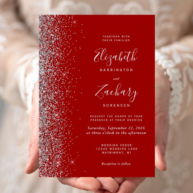 Modern Crimson Red Silver Glitter Edge Wedding Invitation (Creator Uploaded)