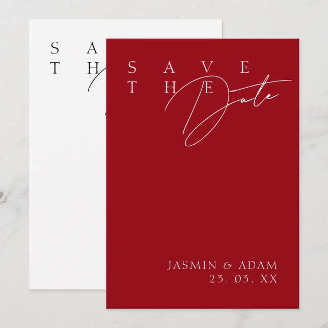 Modern Crimson Red Typography Wedding Save the Date (Front/Back)