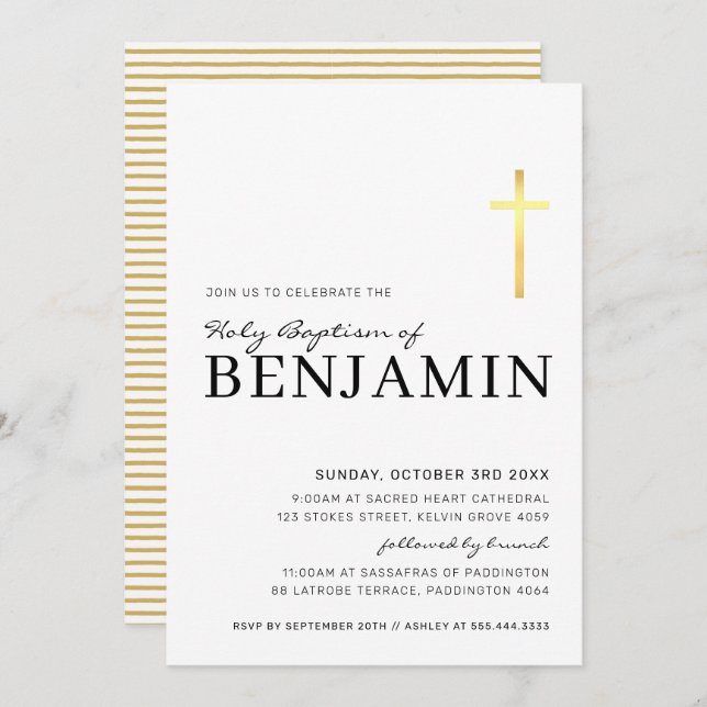 MODERN CROSS baptism minimal black faux gold Invitation (Front/Back)