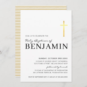 MODERN CROSS baptism minimal black faux gold Invitation