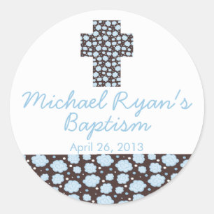 Modern Cross Blue Brown Floral Baptism Favour Seal