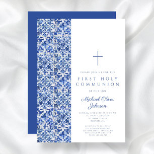 Modern Cross Blue Tiles Boy First Communion Invitation