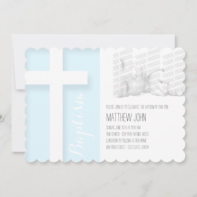 Modern Cross Boy Photo Baptism Custom Invitation (Front)