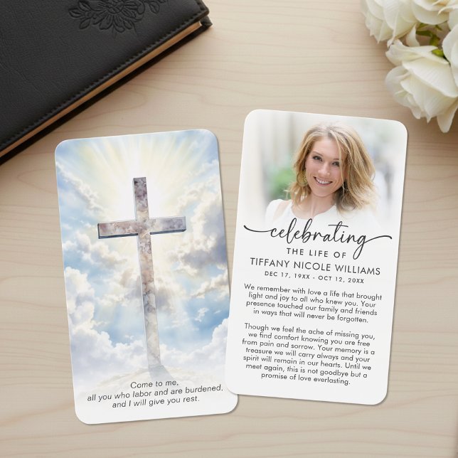 Modern Cross Celebration of Life Photo Cards (Creator Uploaded)
