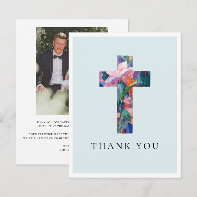 Modern Cross Floral Blue Baptism Photo Thank You Card (Front/Back)