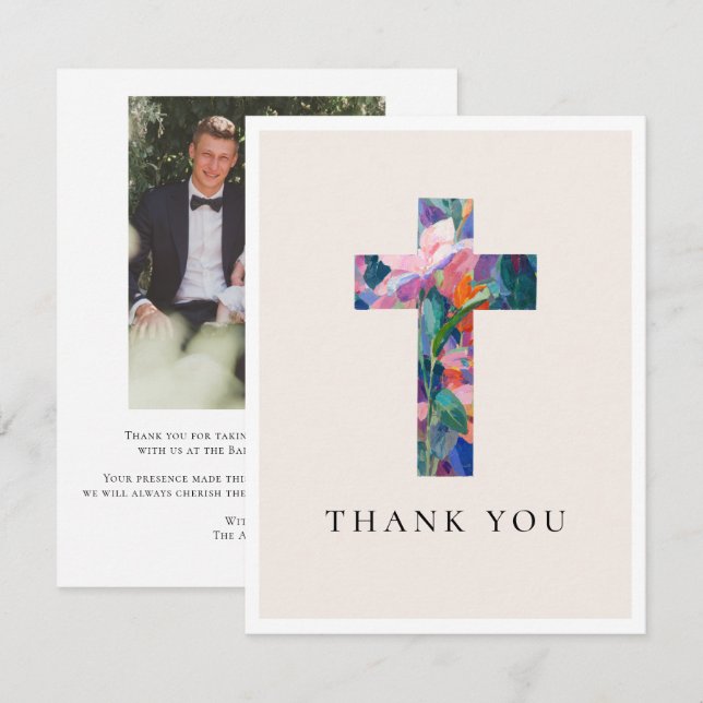 Modern Cross Floral Blush Pink Baptism Photo Thank You Card (Front/Back)
