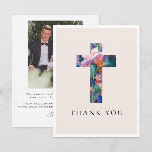 Modern Cross Floral Blush Pink Baptism Photo Thank You Card