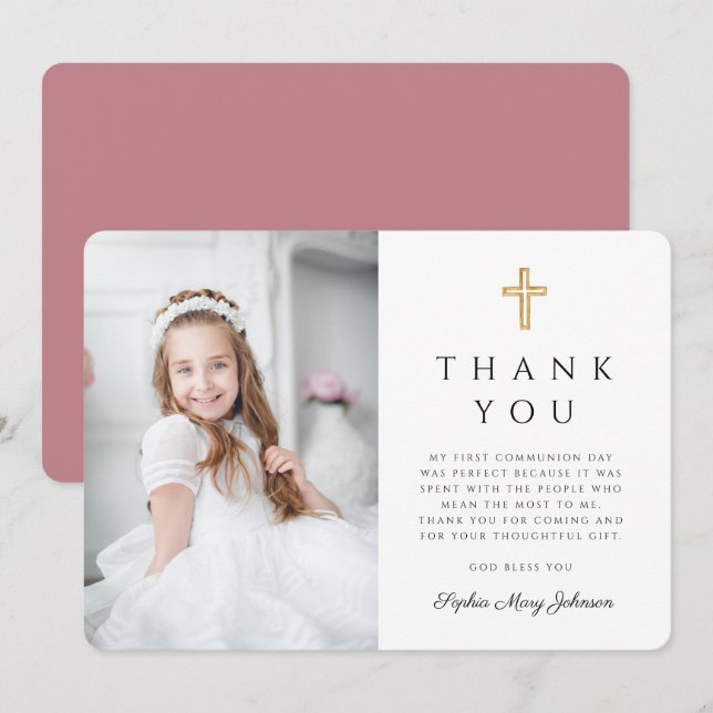 Modern Cross Girl First Communion Photo Thank You Card (Front/Back)