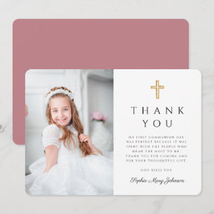 Modern Cross Girl First Communion Photo Thank You Card