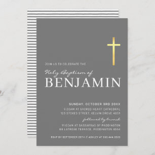 MODERN CROSS gold foil baptism minimal grey white Invitation