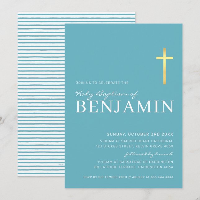 MODERN CROSS gold holy baptism minimal aqua blue Invitation (Front/Back)