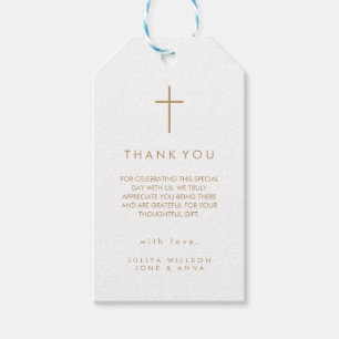 Modern cross gold Photo Baptism Gift Tags