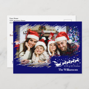 Modern Cross Hatch Frame in Blue Photo Christmas Postcard