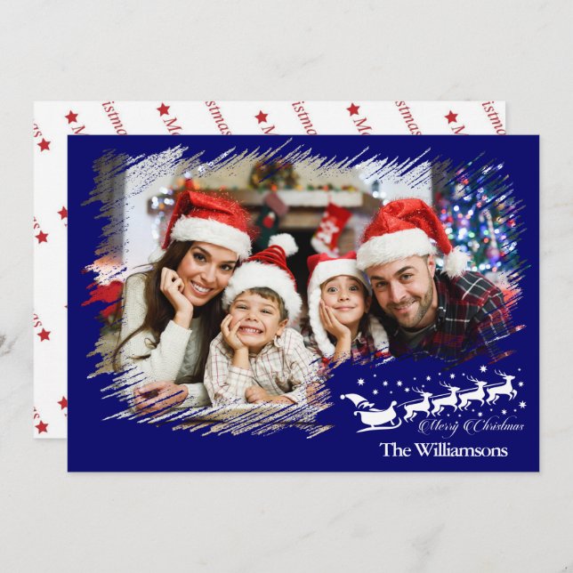 Modern Cross Hatch Frame in Christmas Blue Photo Holiday Card (Front/Back)