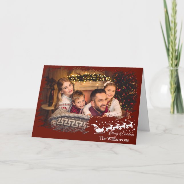Modern Cross Hatch Frame in Christmas Red Photo Holiday Card (Front)