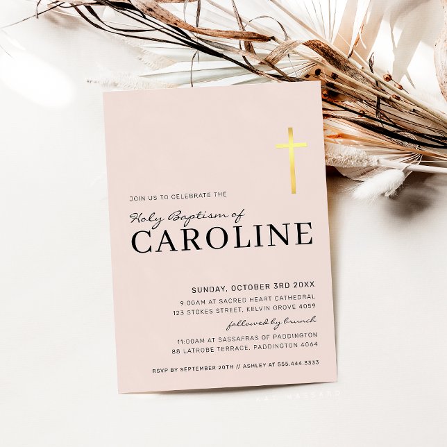 MODERN CROSS holy baptism minimal baby pink gold Invitation (Creator Uploaded)