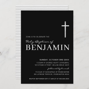 MODERN CROSS holy baptism minimal black silver Invitation