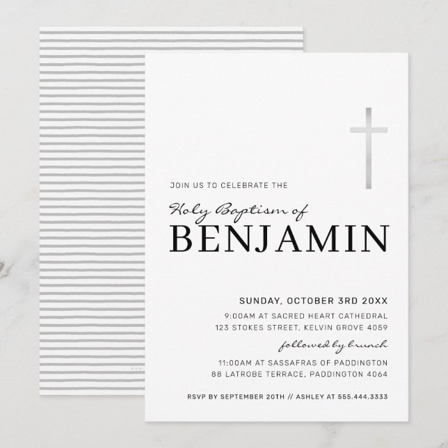 MODERN CROSS holy baptism minimal black silver Invitation (Front/Back)