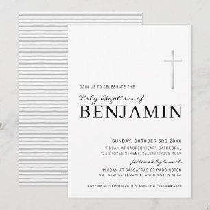 MODERN CROSS holy baptism minimal black silver Invitation
