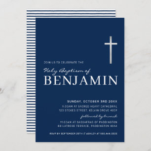 MODERN CROSS holy baptism minimal navy blue white  Invitation