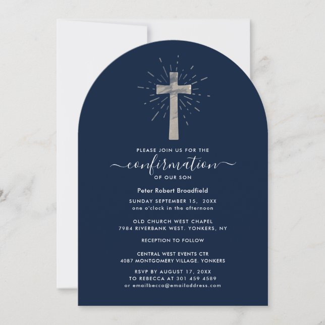 Modern Cross Navy Blue Baby Confirmation Invitation (Front)