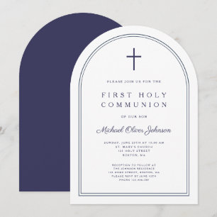 Modern Cross Navy Blue Boy First Communion Arch Invitation