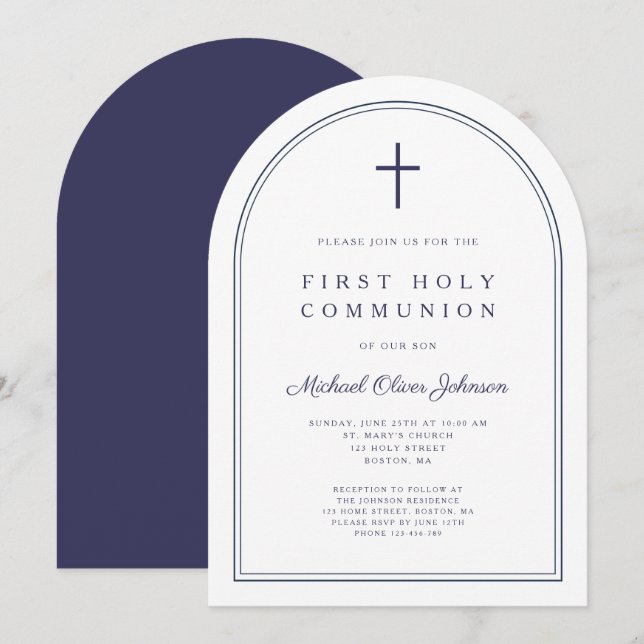 Modern Cross Navy Blue Boy First Communion Arch Invitation (Front/Back)