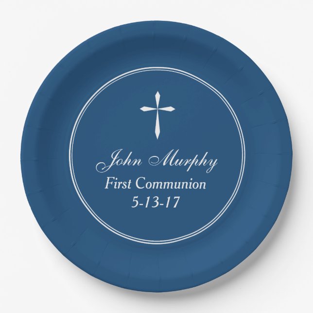 Modern Cross Personalised Navy Paper Plate (Front)