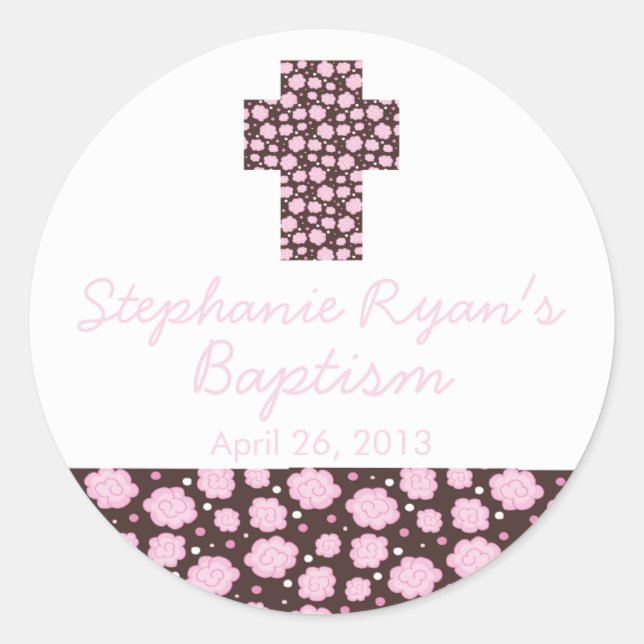Modern Cross Pink Brown Floral Baptism Favour Seal (Front)