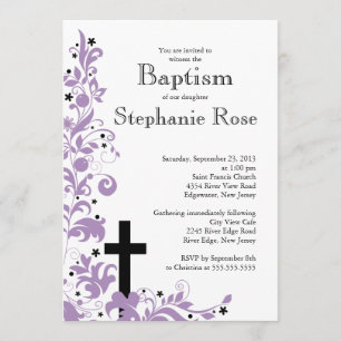 Modern Cross  purple Flower  Baptism  invitation