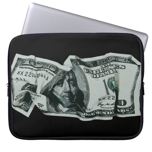 Modern Crumpled $100 Bill Design Laptop Sleeve (Front)