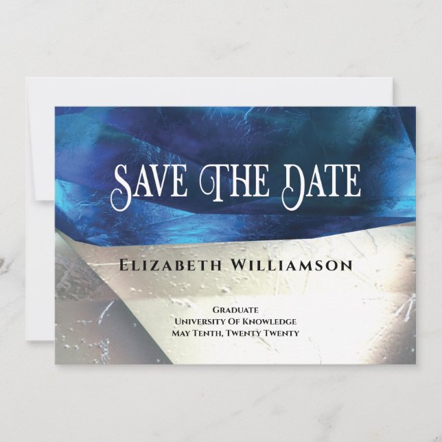 Modern Crystal Gemstones Blue White Graduation Save The Date (Front)