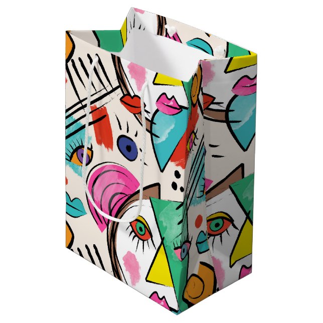 Modern Cubism Abstract Artsy Female Faces Medium Gift Bag (Front Angled)