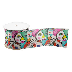 Modern Cubism Abstract Artsy Female Faces Satin Ribbon