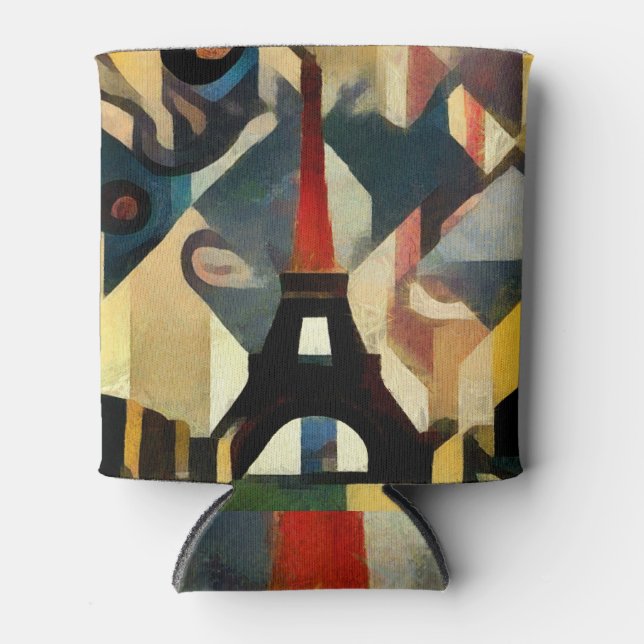 Modern Cubism Eiffel Tower Painting Can Cooler (Front)