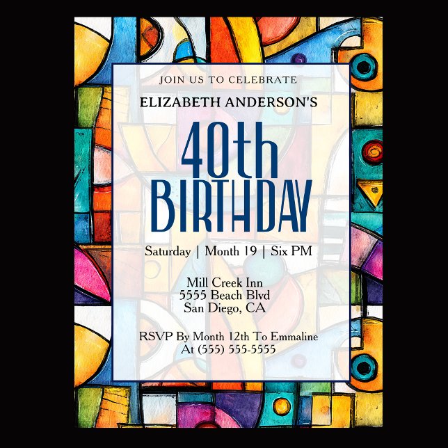 Modern Cubist 40th Birthday Invitation (Modern colorful abstract 40th birthday invitation for elegant milestone celebration
)
