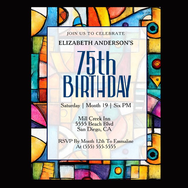 Modern Cubist 75th Birthday Invitation (Modern colorful abstract 75th birthday invitation for elegant milestone celebration
)