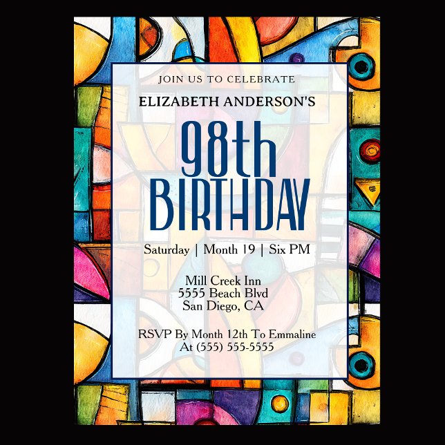 Modern Cubist 98th Birthday Invitation (Modern colorful abstract 98th birthday invitation for elegant milestone celebration
)